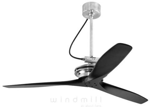 Contemporary Industrial design ceiling fan with propeller blades. Industrial design elements exposed wire harness capacitor box and open motor design from Windmill designer fans