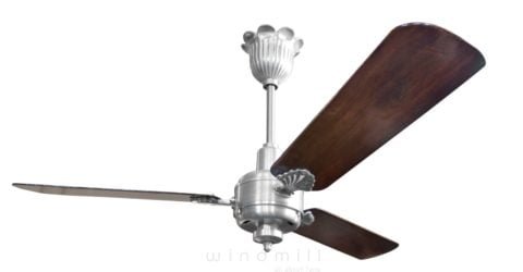 heritage 1925 model designer ceiling fan from Windmill. Original 1925 design with Cast aluminum flower canopy and shell style handmade blade holders with Solid teak wood blades