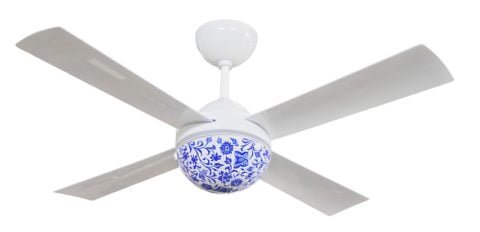 Designer ceiling fan using Jaipur blue pottery ceramic bowl. Four bladed fan in Glossy white finish.