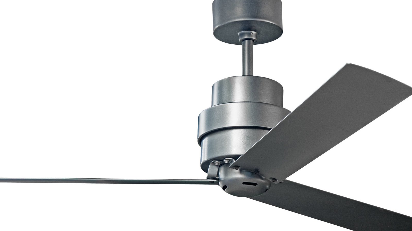 Modern industrial design ceiling fan. Model Hornet from windmill fans with exposed constructional features